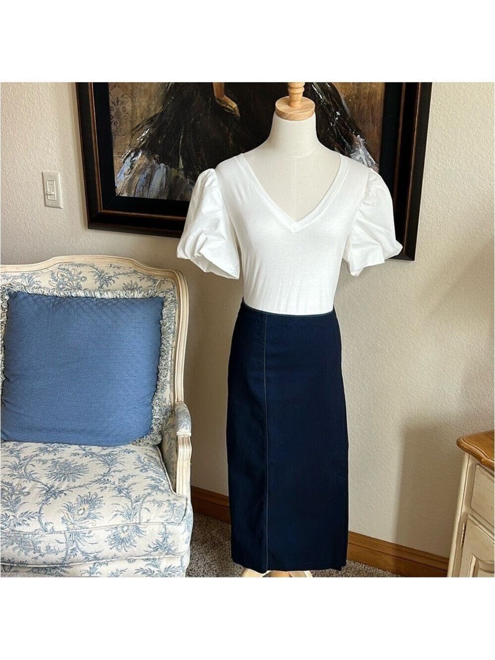 INC International Concepts White Puff Sleeve 100% Cotton V Neck Top Sz M